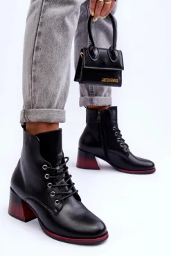 Online Skórzane Botki Na Obcasie Czarne Luloshe Damskie Czarne Botki|Botki Na Obcasie