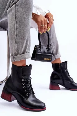 Online Skórzane Botki Na Obcasie Czarne Luloshe Damskie Czarne Botki|Botki Na Obcasie