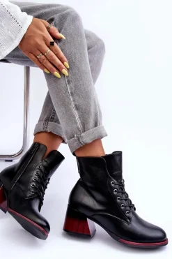 Online Skórzane Botki Na Obcasie Czarne Luloshe Damskie Czarne Botki|Botki Na Obcasie