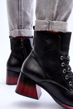 Online Skórzane Botki Na Obcasie Czarne Luloshe Damskie Czarne Botki|Botki Na Obcasie