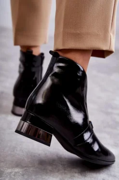 Laura Messi Skórzane Botki Na Płaskim Obcasie 2268 Czarne