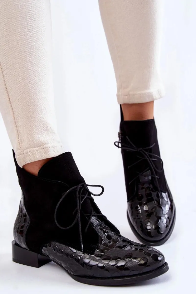 Botki Maciejka|Botki Sznurowane>Maciejka Skórzane Botki Na Płaskim Obcasie 2878J-01 Czarne