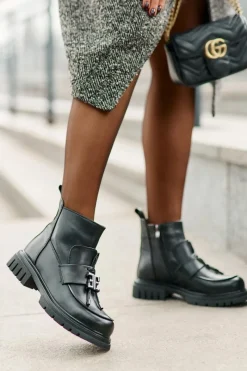 Best Evento Skórzane Botki Na Płaskim Obcasie Z Ozdobą Ocieplane Czarne Asperra