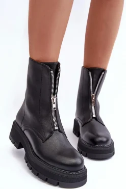 Outlet Skórzane Botki Na Płaskim Obcasie Z Suwakiem Czarne Vimal Damskie Czarne Botki|Brązowe I Beżowe Botki