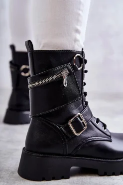 Online Boto Skórzane Botki Na Płaskim Obcasie Czarne Marlis