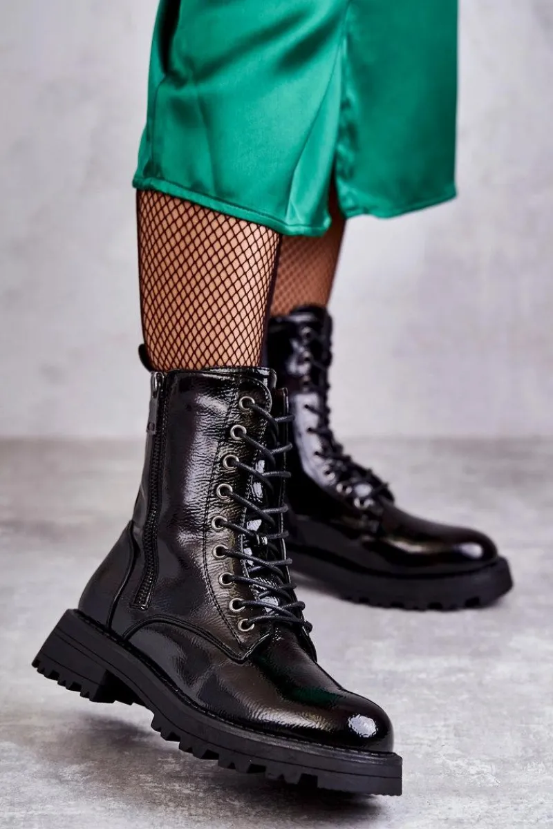 Outlet Boto Skórzane Botki Na Płaskim Obcasie Czarne Estela