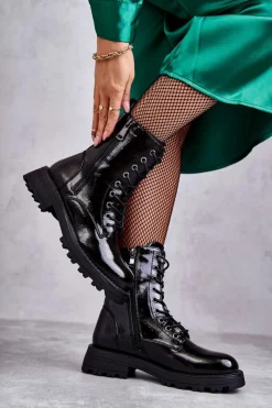 Outlet Boto Skórzane Botki Na Płaskim Obcasie Czarne Estela