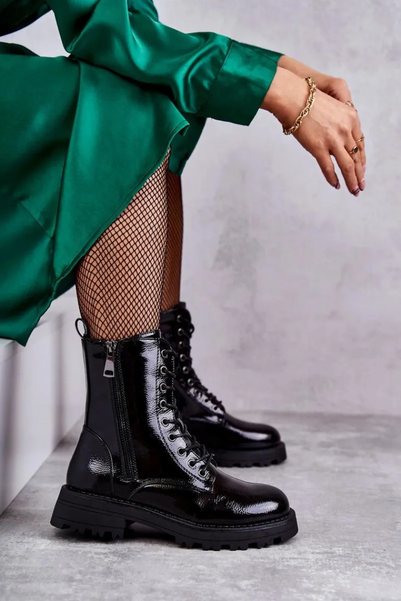 Outlet Boto Skórzane Botki Na Płaskim Obcasie Czarne Estela