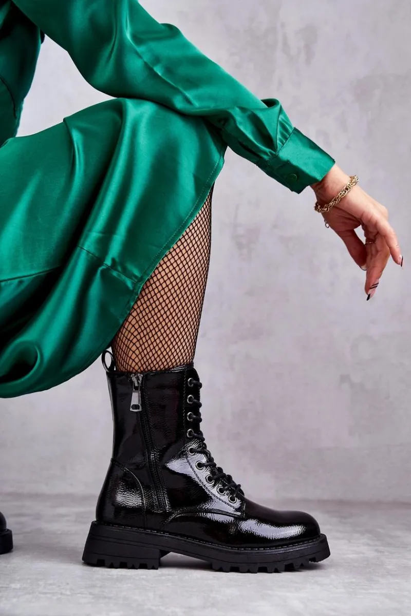 Outlet Boto Skórzane Botki Na Płaskim Obcasie Czarne Estela