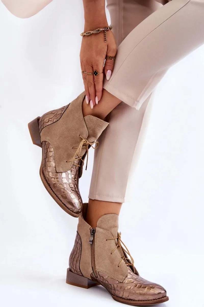 Sale Skórzane Botki Na Płaskim Obcasie 2878J-04 Beżowe Damskie Botki Maciejka|Botki Sznurowane