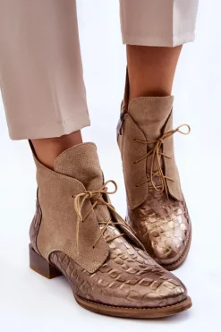 Sale Skórzane Botki Na Płaskim Obcasie 2878J-04 Beżowe Damskie Botki Maciejka|Botki Sznurowane