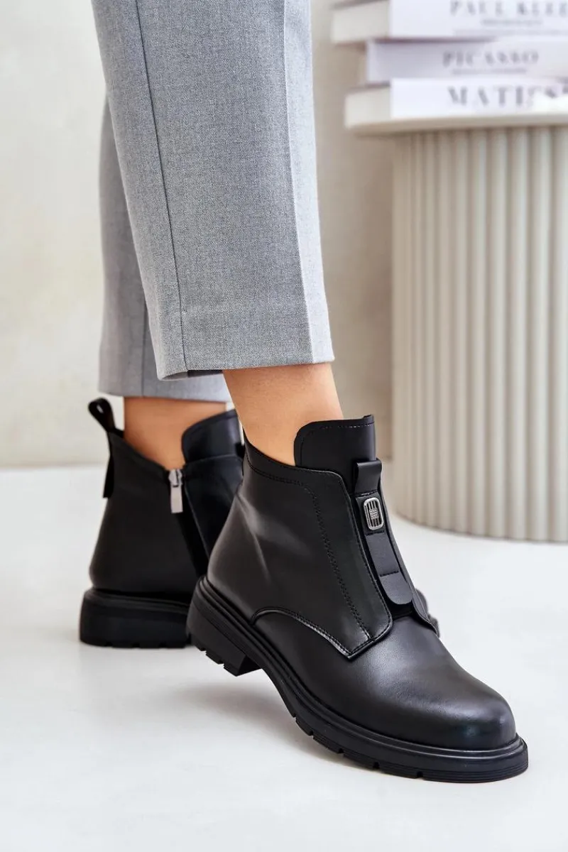 New Skórzane Botki Na Płaskim Obcasie Ocieplane Czarne Komisa Damskie Botki Ocieplane|Czarne Botki