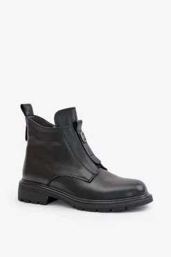 New Skórzane Botki Na Płaskim Obcasie Ocieplane Czarne Komisa Damskie Botki Ocieplane|Czarne Botki