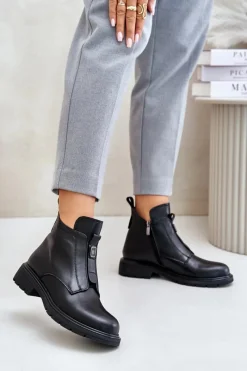 New Skórzane Botki Na Płaskim Obcasie Ocieplane Czarne Komisa Damskie Botki Ocieplane|Czarne Botki