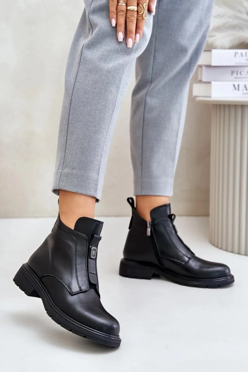 New Skórzane Botki Na Płaskim Obcasie Ocieplane Czarne Komisa Damskie Botki Ocieplane|Czarne Botki