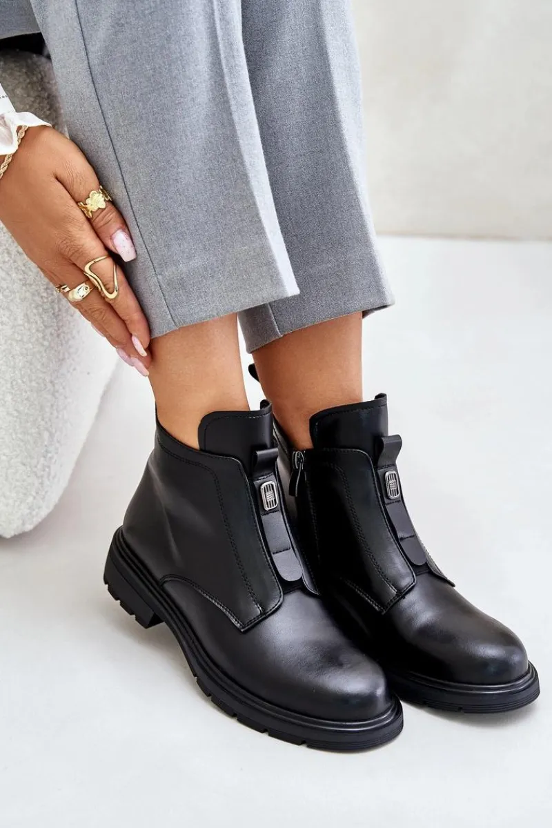 New Skórzane Botki Na Płaskim Obcasie Ocieplane Czarne Komisa Damskie Botki Ocieplane|Czarne Botki