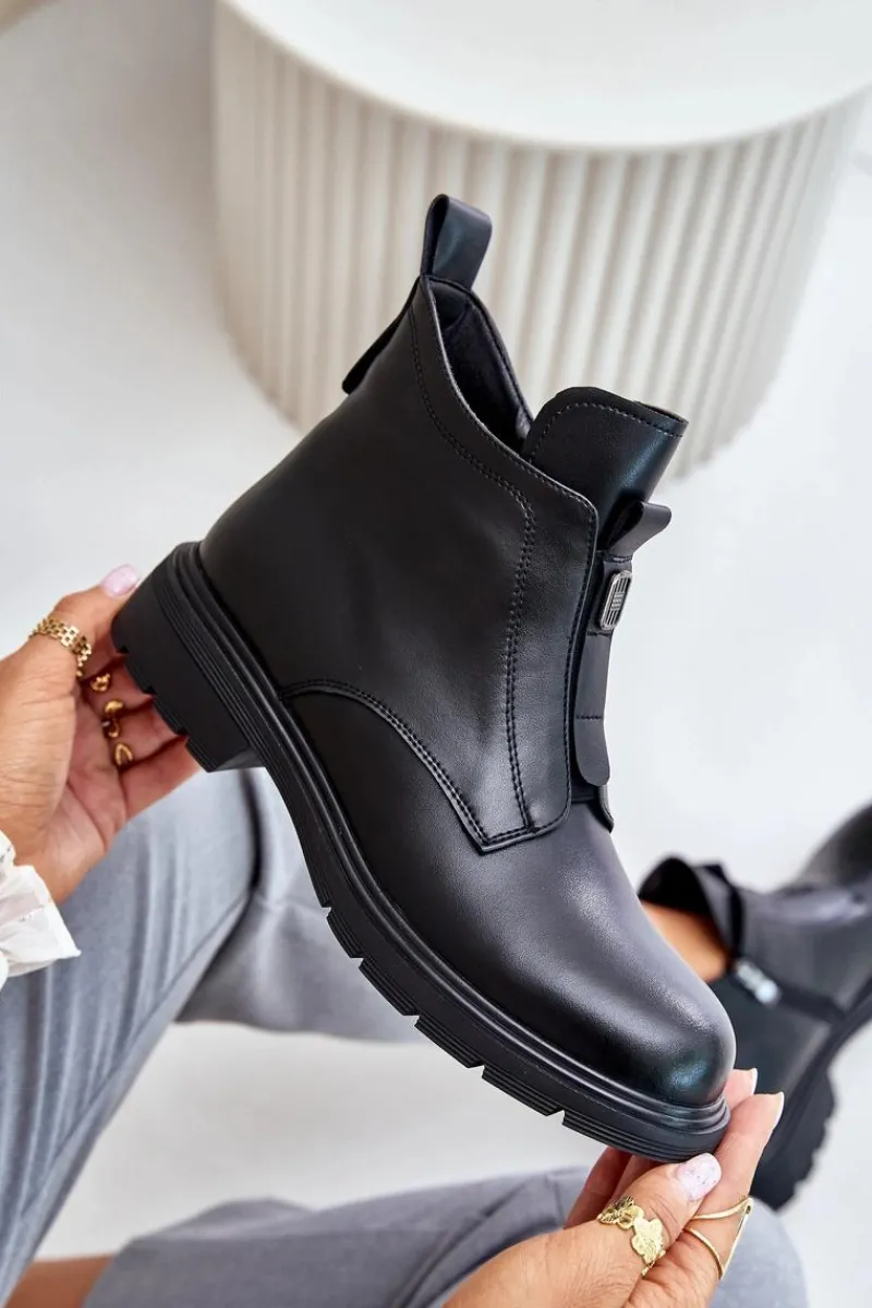 New Skórzane Botki Na Płaskim Obcasie Ocieplane Czarne Komisa Damskie Botki Ocieplane|Czarne Botki