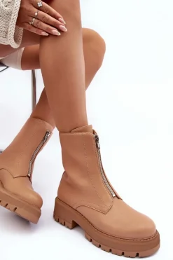 New Skórzane Botki Na Płaskim Obcasie Z Suwakiem Camel Vimal Damskie Botki Ocieplane|Brązowe I Beżowe Botki