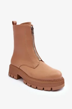 New Skórzane Botki Na Płaskim Obcasie Z Suwakiem Camel Vimal Damskie Botki Ocieplane|Brązowe I Beżowe Botki