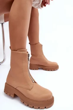 New Skórzane Botki Na Płaskim Obcasie Z Suwakiem Camel Vimal Damskie Botki Ocieplane|Brązowe I Beżowe Botki