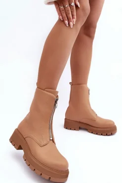 New Skórzane Botki Na Płaskim Obcasie Z Suwakiem Camel Vimal Damskie Botki Ocieplane|Brązowe I Beżowe Botki