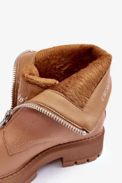 New Skórzane Botki Na Płaskim Obcasie Z Suwakiem Camel Vimal Damskie Botki Ocieplane|Brązowe I Beżowe Botki