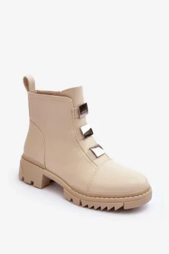 Outlet Skórzane Botki Na Płaskim Obcasie Jasnobeżowe Azulenn Damskie Botki Zimowe Damskie|Brązowe I Beżowe Botki