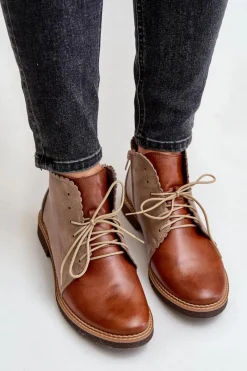 Nobo Skórzane Botki Na Płaskim Obcasie Brązowe Zazoo 4078 Brązowy