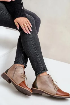 Nobo Skórzane Botki Na Płaskim Obcasie Brązowe Zazoo 4078 Brązowy