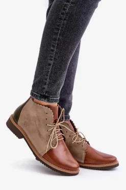 Nobo Skórzane Botki Na Płaskim Obcasie Brązowe Zazoo 4078 Brązowy