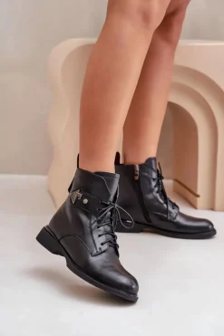 Botki Ocieplane|Botki Maciejka>Maciejka Skórzane Botki Na Płaskim Obcasie Z Ozdobą Ocieplane N3115-01 Czarne