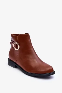 Hot Skórzane Botki Na Płaskim Obcasie Brązowe Meronei Damskie Brązowe I Beżowe Botki|Botki Płaskie