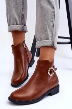 Hot Skórzane Botki Na Płaskim Obcasie Brązowe Meronei Damskie Brązowe I Beżowe Botki|Botki Płaskie