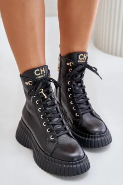 Damskie Trapery|Botki Skórzane>CheBello Skórzane Botki Na Platformie Na Zamek Z Ozdobną Kłódką 4517 Czarne