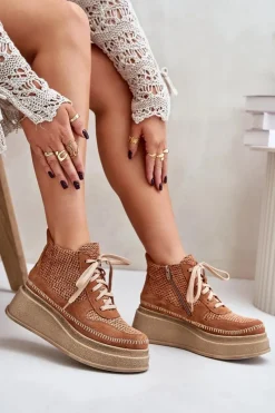 Skórzane Botki Na Platformie I Koturnie 06759-29 Brązowe Damskie Botki Maciejka|Damskie Trapery