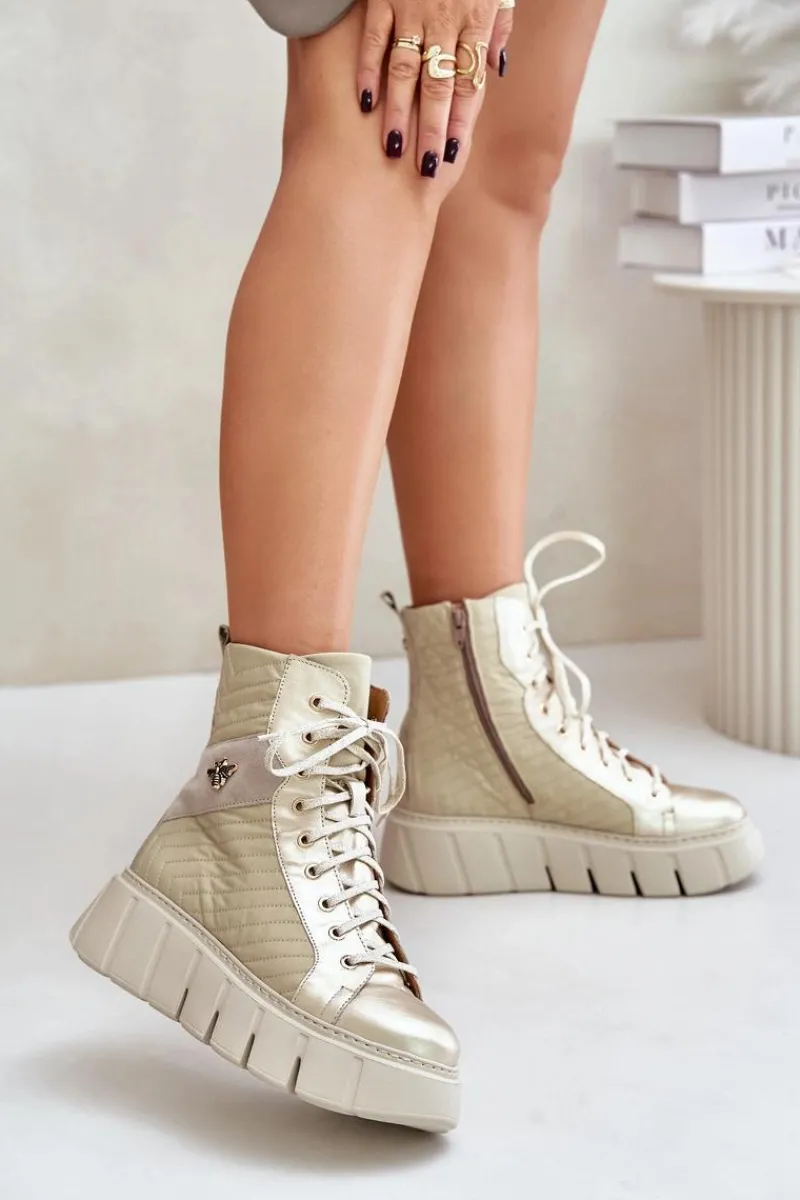 Best Maciejka Skórzane Botki Na Platformie 06751-25 Złote Złoty