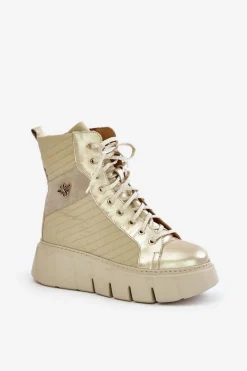 Best Maciejka Skórzane Botki Na Platformie 06751-25 Złote Złoty