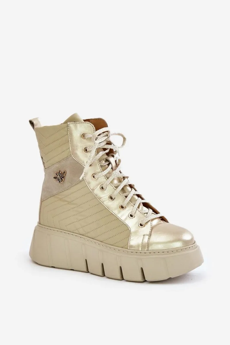 Best Maciejka Skórzane Botki Na Platformie 06751-25 Złote Złoty