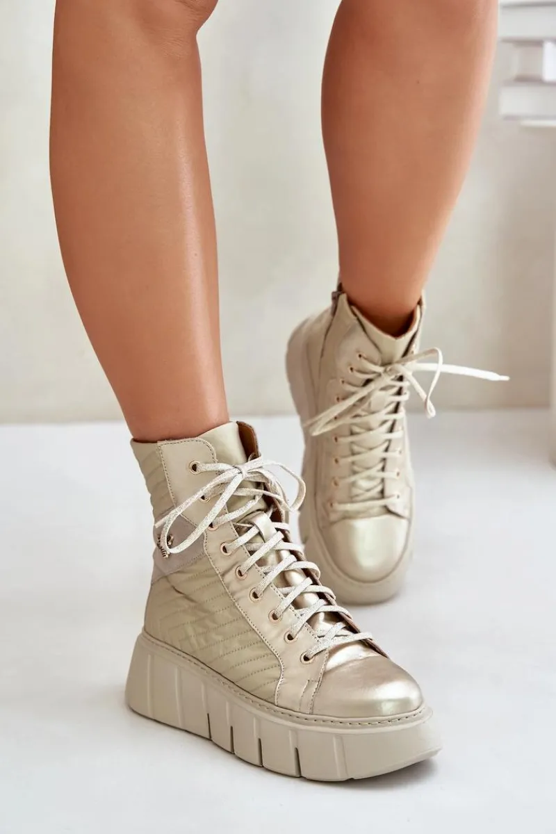 Best Maciejka Skórzane Botki Na Platformie 06751-25 Złote Złoty