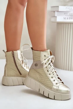 Best Maciejka Skórzane Botki Na Platformie 06751-25 Złote Złoty