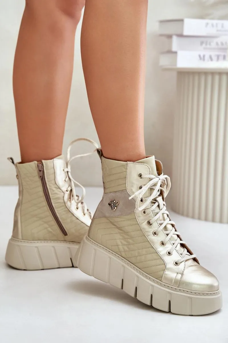 Best Maciejka Skórzane Botki Na Platformie 06751-25 Złote Złoty