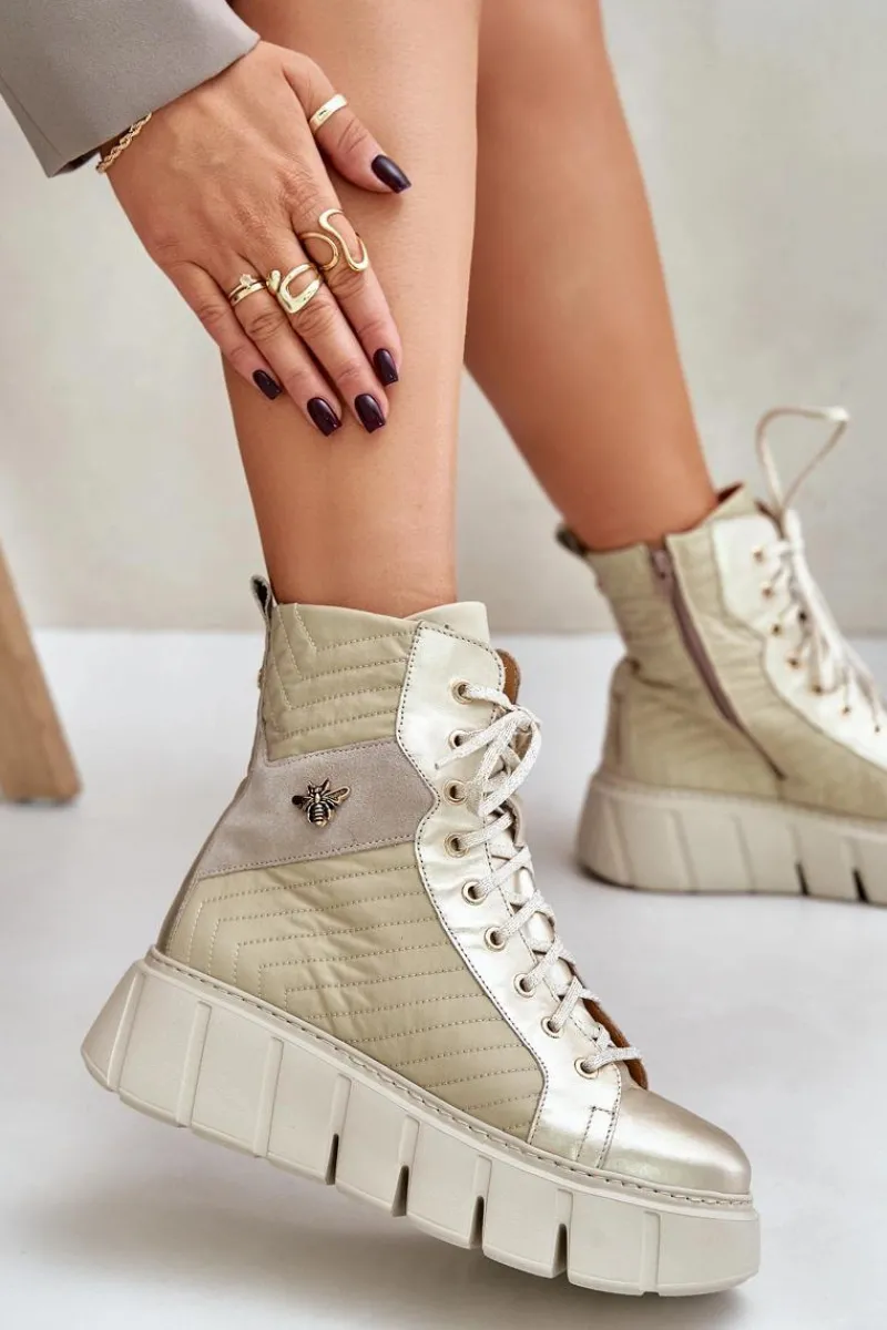 Best Maciejka Skórzane Botki Na Platformie 06751-25 Złote Złoty