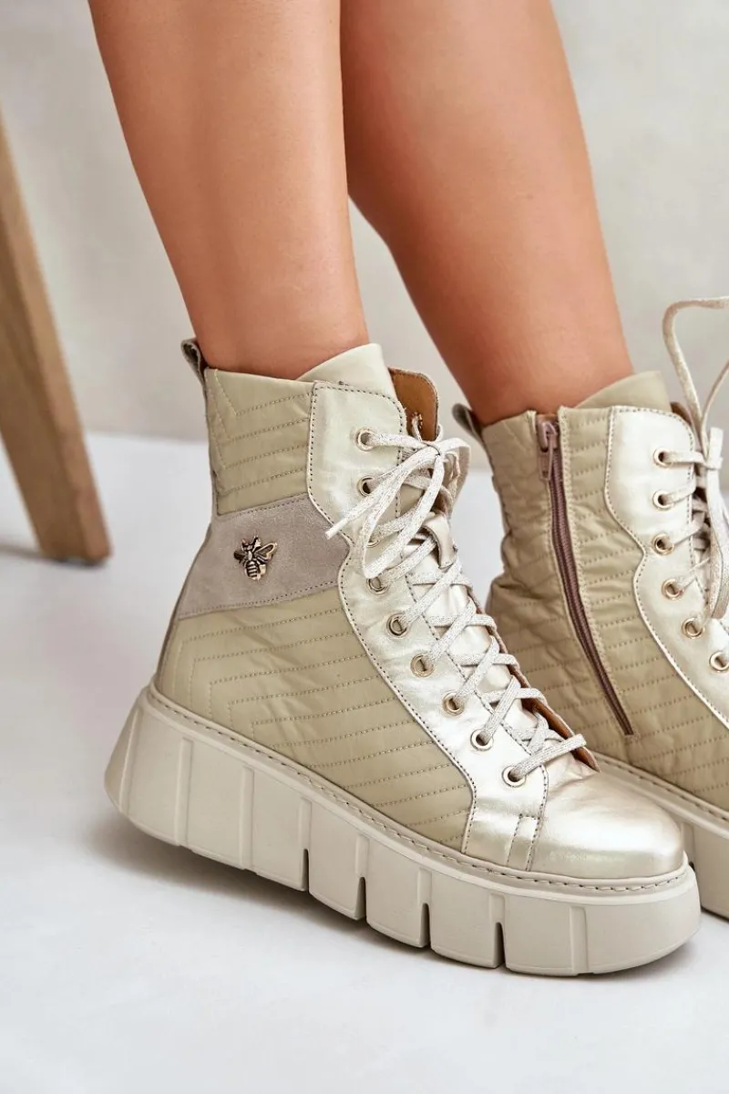 Best Maciejka Skórzane Botki Na Platformie 06751-25 Złote Złoty