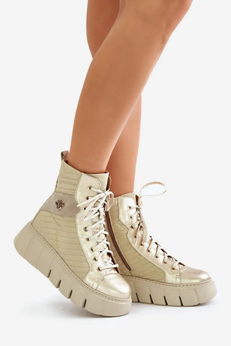 Best Maciejka Skórzane Botki Na Platformie 06751-25 Złote Złoty