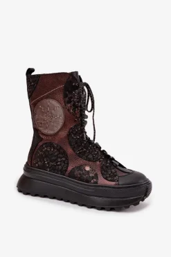 Online Maciejka Skórzane Botki Na Platformie Ocieplane 06565-02 Brązowo-Złote Brązowy