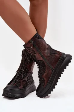 Online Maciejka Skórzane Botki Na Platformie Ocieplane 06565-02 Brązowo-Złote Brązowy