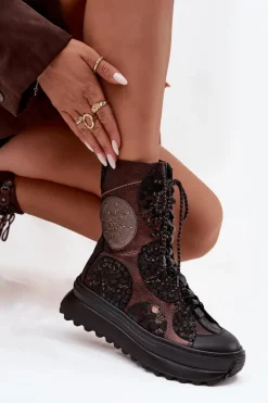 Online Maciejka Skórzane Botki Na Platformie Ocieplane 06565-02 Brązowo-Złote Brązowy