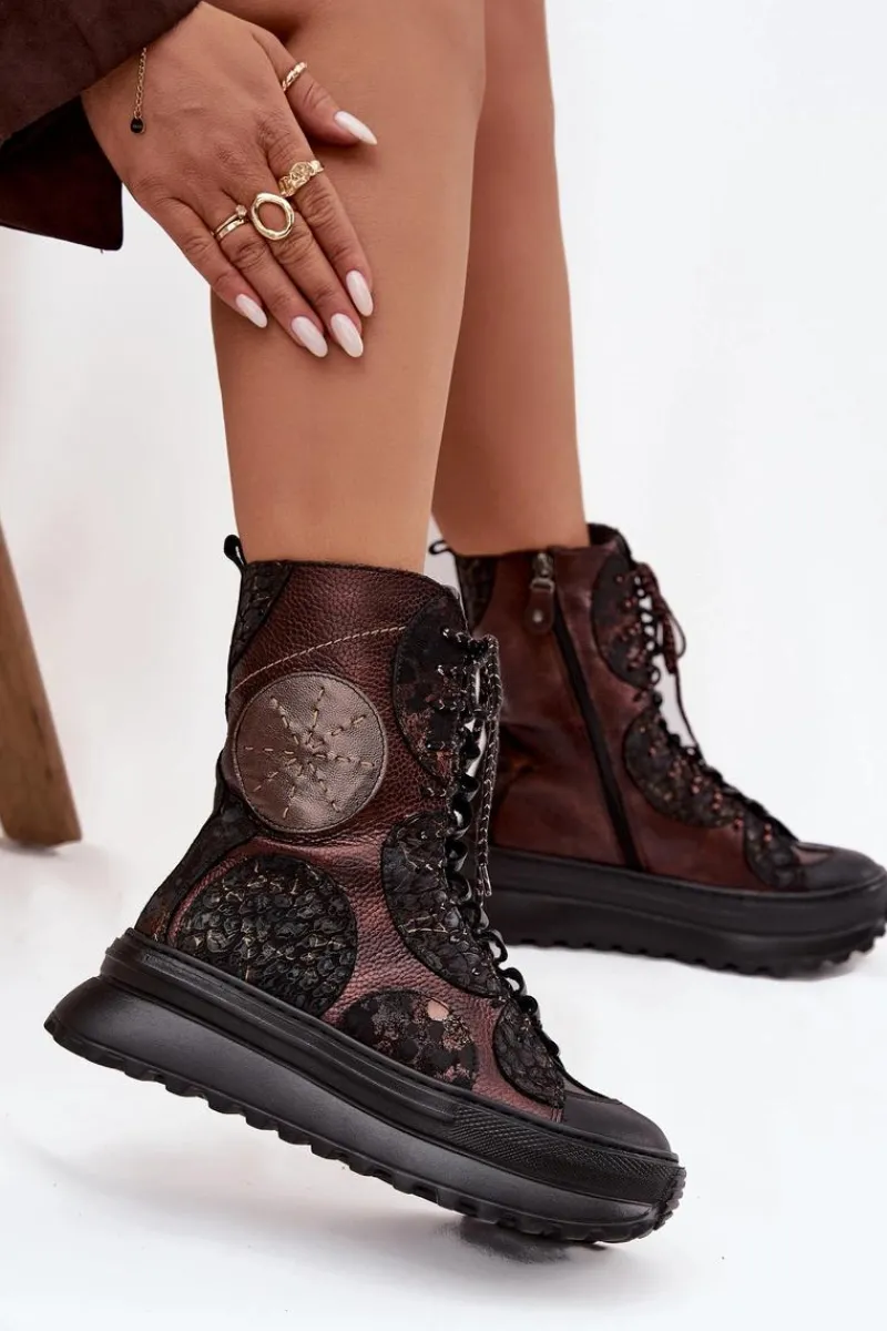 Online Maciejka Skórzane Botki Na Platformie Ocieplane 06565-02 Brązowo-Złote Brązowy