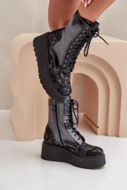 Botki Maciejka|Botki Na Koturnie>Maciejka Skórzane Botki Na Platformie I Koturnie Z Wzorzystą Cholewką 06720-01 Czarne