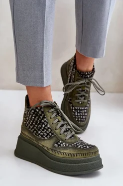 Online Maciejka Skórzane Botki Na Platformie I Koturnie 06759-09 Zielone